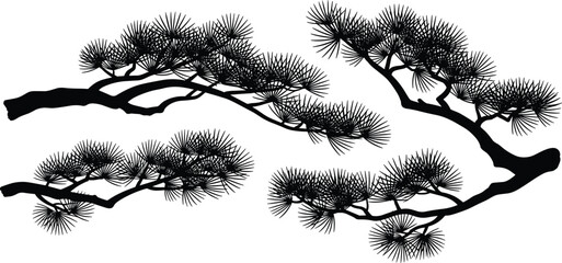 Japanese pine tree branch silhouette collection, stylized evergreen needles, black bonsai nature element, Asian ink painting style, isolated vector set © MDMOHOBBAT