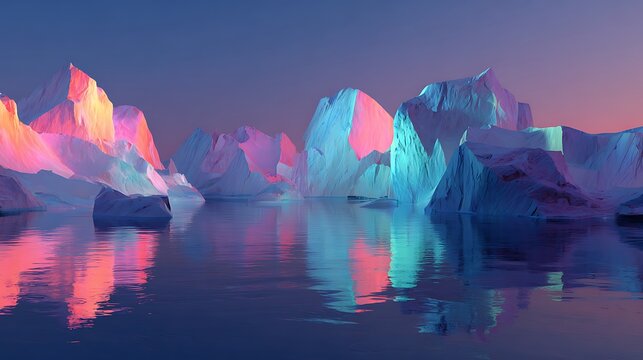 A surreal modern futuristic ice landscape with colorful glowing icebergs floating in calm water at dusk or dawn, reflecting vibrant pink and blue hues in a serene