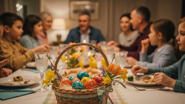 Easter Dinner Celebration with Family Decorated Eggs Holiday Festive. Concept featuring easter, family dinner, celebration, decorated eggs, holiday.
