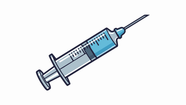 A cartoon syringe filled with blue liquid, isolated on a white background