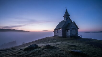 Fototapeta premium Serene Church on a Foggy Hilltop at Dawn Mist Serenity Landscape. Concept featuring church, fog, hilltop, dawn, mist.