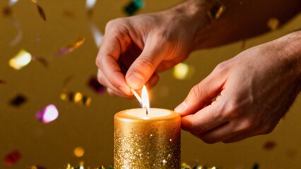 Hands lighting a golden candle surrounded by colorful confetti, creating a festive atmosphere for celebrations, symbolizing warmth, joy, and togetherness during special occasions and gatherings