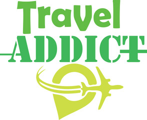 Travel Addict Typography Logo with Airplane and Location Pin &ndash; Green Yellow Travel Design