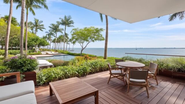 Tropical resort patio with infinity pool and ocean view.