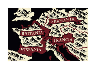Ancient Kingdom Borders. Old kingdom borders. Mountain ranges etched in bold strokes; banners with ancient names fluttering. Soft shading revealing terrain
