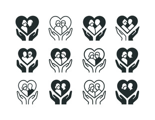 Elderly Care Logos. Elderly Care and Senior Living. Icon set. Set Logo of Elderly Care and Senior Living: heart and hands. harmonious logo variations of the