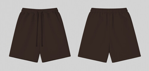 Dark Brown Blank Casual Sport Shorts Mockup Front and Back View on Gray Background