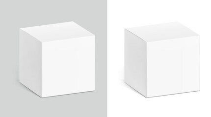Realistic closed cardboard boxes mockup. Vector illustration isolated on white and grey background. Taking your 2D designs into 3D. Can be use for medicine, food, cosmetic and other. EPS10.