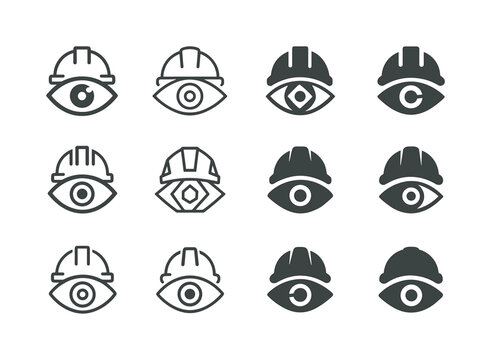 AI Construction Logos. autonomous construction manager. Icon set. Set Logo of autonomous construction manager: AI eye monitoring construction progress.