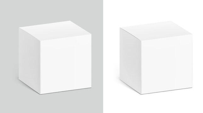 Realistic closed cardboard boxes mockup. Vector illustration isolated on white and grey background. Taking your 2D designs into 3D. Can be use for medicine, food, cosmetic and other. EPS10.