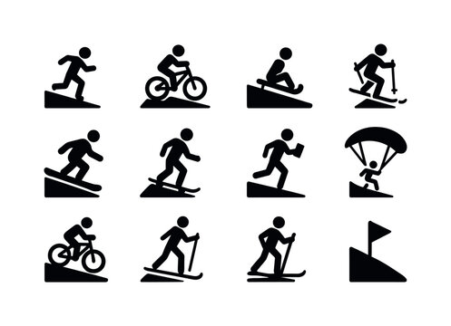 Hill Sports Icons. Hill sports. Solid icon set of hill sports: downhill running, mountain biking, sledding, skiing, snowboarding, grassboarding, trail running,