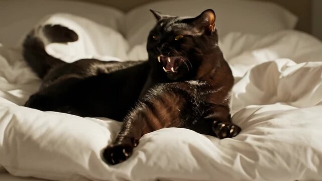 Feline Fury: A black cat reclines majestically on a rumpled bed, baring its teeth in a display of fierce confidence. Captured in a warm indoor light.