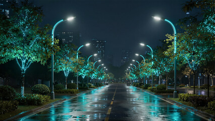 Rainy Night Street with Glowing Lights and Trees
