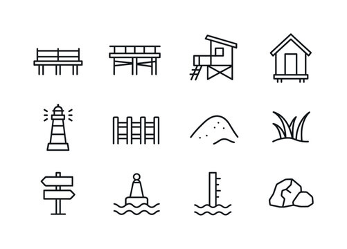 Beach Structure Icons. Beach structures. Line icon set of Beach structures: pier, boardwalk, lifeguard tower, beach hut, lighthouse, beach fence, sand mound,