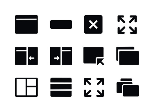 Window Management Icons. Window management. Solid icon set of Window management: maximize icon, minimize icon, close button, move window arrows, snap left,