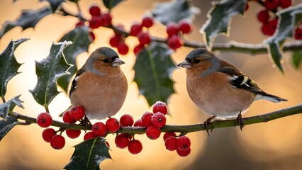 Inverno e gelo: fringuelli su di un ramo di agrifoglio con neve e ghiaccio