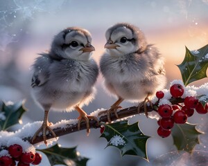 Inverno e gelo: pulcini su di un ramo di agrifoglio con neve e ghiaccio