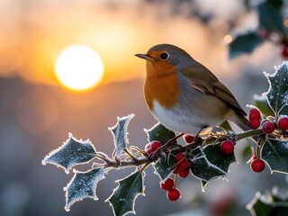 Inverno e gelo: pettirossi su di un ramo di agrifoglio con neve e ghiaccio