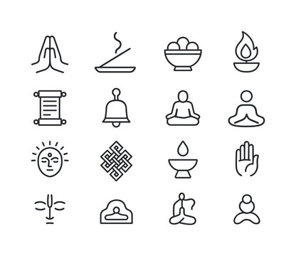 Ritual Devotion Icon Set. Ritual and devotion. Line icon set of Ritual and devotion: prayer hands, incense stick, offering bowl, ritual flame, chant scroll,