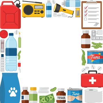 Emergency preparedness kit essentials supplies for survival safety and first aid vector