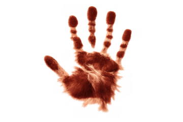 Furry red handprint showing texture, creating an impression representing primal connection, identity, and the impact of a unique mark