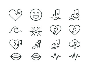 Music Emotion Icons. Music emotions. Line icon set of Music emotions: heart with music notes, joyful face, sad melody icon, powerful wave, calm tone,