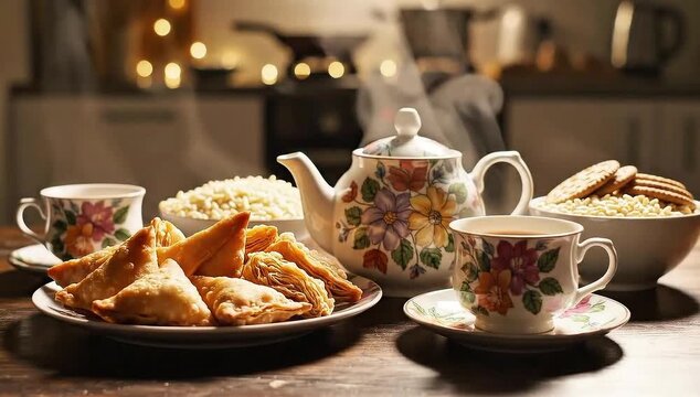 Bengali Afternoon Tea with Samosas and Snacks Steaming Hot