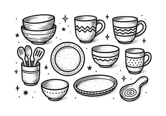 Hand-Drawn Kitchen Pottery. Kitchen pottery. Hand-drawn doodle illustration Kitchen pottery bowls, plates, mugs, utensil holder, serving platter, clay lines,
