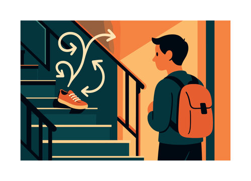 Lone Shoe Discovery. Shoe on the staircase. Character spotting a lone shoe sitting halfway up the stairs; swirling arrows pointing the way. Warm morning light