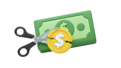 Scissors cutting a dollar coin and banknote