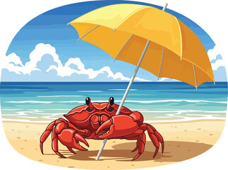 Whimsical red crab enjoys sunny beach day under yellow umbrella vector