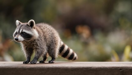 A curious raccoon stands poised, observing its surroundings, with a blurred natural backdrop