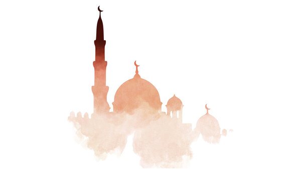 Orange Watercolor Silhouette of Mosque
