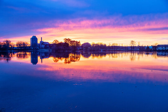 Papez pond and historical brewery, Dobris town, Central Bohemian region, Czech republic