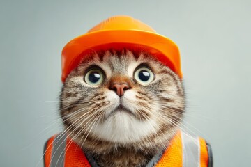 Cat wearing orange hard hat and safety vest