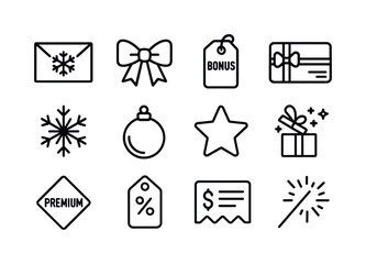 Holiday Bonus Icons. Holiday Bonuses. Line icon set of Holiday Bonuses: holiday envelope, festive ribbon, bonus tag, gift card icon, snowflake badge, ornament