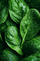 Fresh green spinach leaves with water drops closeup, vertical