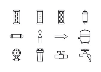Water Filtration Icons. Water filtration. Line icon set of Water filtration: cartridge filter, sediment filter, carbon block, RO membrane, inline filter, water