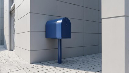 Blue mailbox affixed to building's exterior, angled street view