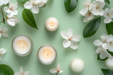 Relaxing spa scene with candles, flowers, and leaves
