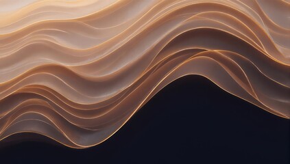 Abstract flowing layers of beige and gold wave against a dark backdrop