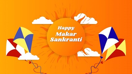 Happy Makar Sankranti Greeting: Vibrant Sun and Colorful Kite Festival Illustration