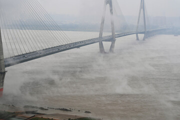 Yangtze River Bridge in Fog - Modern Cable-Stayed Architecture