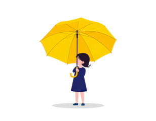 Child with yellow umbrella flat vector rainy day illustration