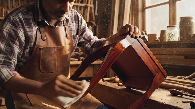 Man polishing wooden chair in workshop
