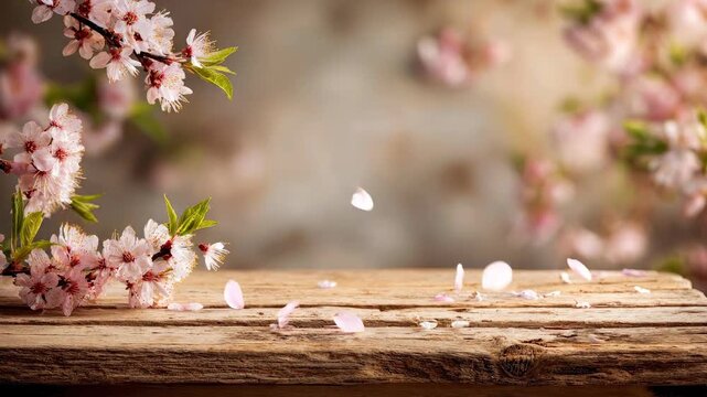 Spring cherry blossom petals falling on rustic wooden table background with copy space