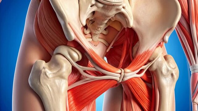 Detailed anatomical illustration of the human pelvic region and muscles.