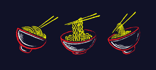 Ramen bowl, texture pasta. Hand drawn food set
