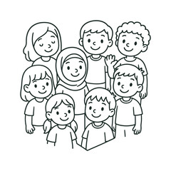 Heart-Shaped Kids Gathering. Peaceful gathering children?s coloring book illustration, outlined drawing, smiling characters forming a heart shape with their