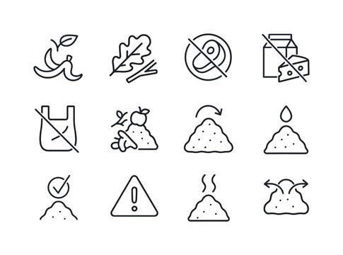 Composting Guide Icons. Composting ? Do?s and Don?ts. Line icon set of Composting ? Do?s and Don?ts: green waste symbol, brown waste symbol, avoid meat, avoid